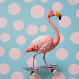 A vibrant pink flamingo balancing on a skateboard with the pattern of mozzarella cheese, proudly holding a maraca on its wing.