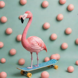 A vibrant pink flamingo balancing on a skateboard with the pattern of mozzarella cheese, proudly holding a maraca on its wing.