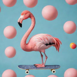 A vibrant pink flamingo balancing on a skateboard with the pattern of mozzarella cheese, proudly holding a maraca on its wing.