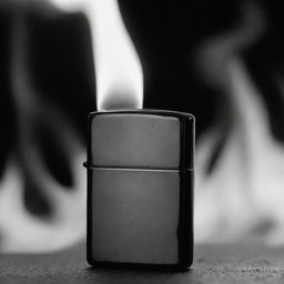 An artful black and white image of a stylish Zippo lighter, its massive flame creating a stunning contrast against the deep shadows and stark whiteness.