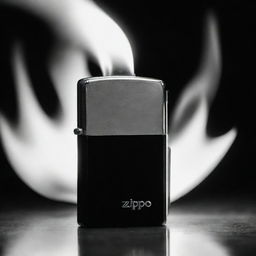 An artful black and white image of a stylish Zippo lighter, its massive flame creating a stunning contrast against the deep shadows and stark whiteness.