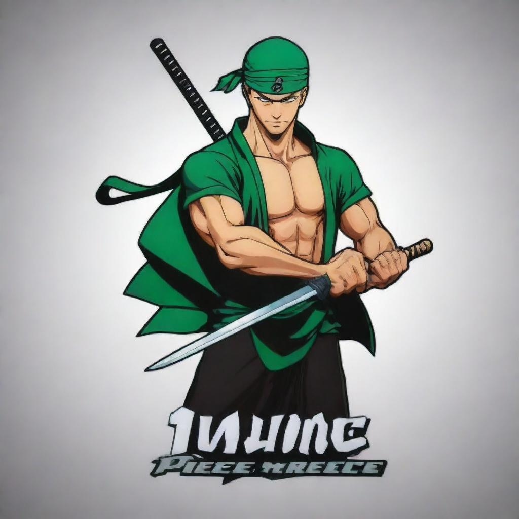 Generate a 3D anime style logo for 'Juan Piece' featuring the swordsman Roronoa Zoro from One Piece