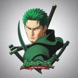 Generate a 3D anime style logo for 'Juan Piece' featuring the swordsman Roronoa Zoro from One Piece