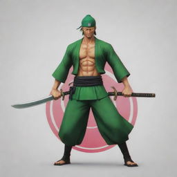 Generate a 3D anime style logo for 'Juan Piece' featuring the swordsman Roronoa Zoro from One Piece