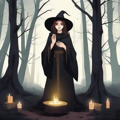 In the dark and eerie forest, a young witch performed summoning rituals to bring forth evil spirits to do her bidding.