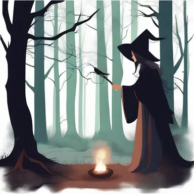 In the dark and eerie forest, a young witch performed summoning rituals to bring forth evil spirits to do her bidding.