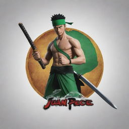 Generate a 3D anime style logo for 'Juan Piece' featuring the swordsman Roronoa Zoro from One Piece