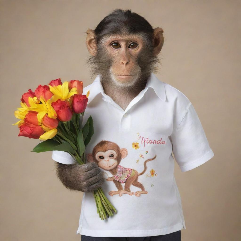 A monkey elegantly posing in a shirt with the inscription 'NANDA', carrying a bouquet of flowers.