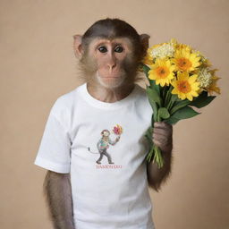 A monkey elegantly posing in a shirt with the inscription 'NANDA', carrying a bouquet of flowers.