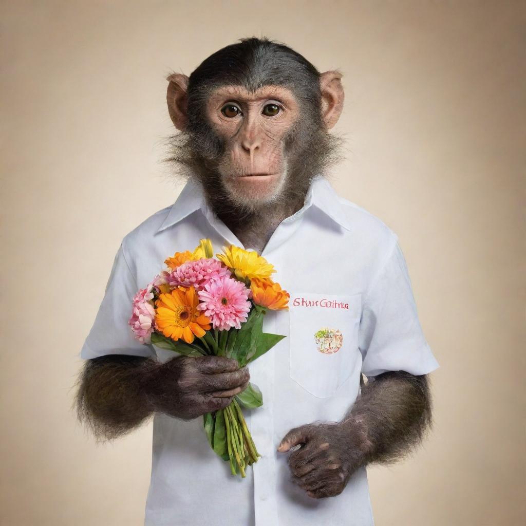 A monkey elegantly posing in a shirt with the inscription 'NANDA', carrying a bouquet of flowers.