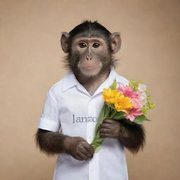 A monkey elegantly posing in a shirt with the inscription 'NANDA', carrying a bouquet of flowers.