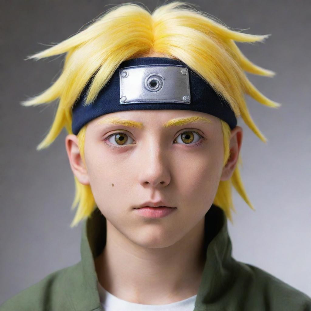 A boy inspired by the characters Neji and Naruto from anime, with distinct yellow hair and captivating white eyes.