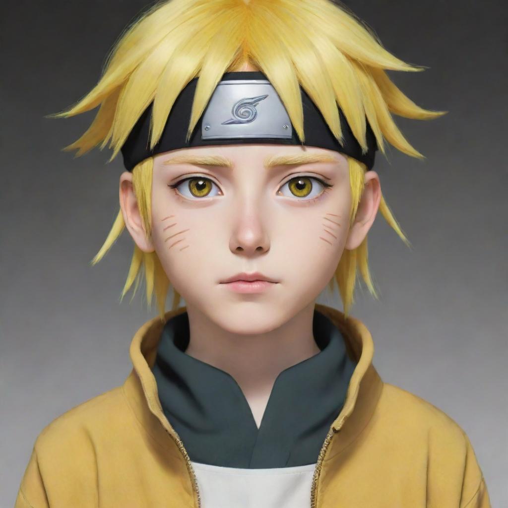 A boy inspired by the characters Neji and Naruto from anime, with distinct yellow hair and captivating white eyes.