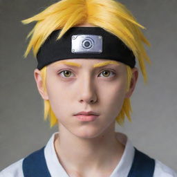 A boy inspired by the characters Neji and Naruto from anime, with distinct yellow hair and captivating white eyes.