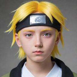 A boy inspired by the characters Neji and Naruto from anime, with distinct yellow hair and captivating white eyes.