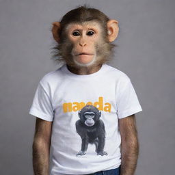 A monkey stylishly posing while wearing a t-shirt with the word 'NANDA' on it.