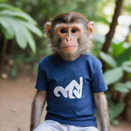 A monkey stylishly posing while wearing a t-shirt with the word 'NANDA' on it.