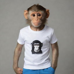 A monkey stylishly posing while wearing a t-shirt with the word 'NANDA' on it.