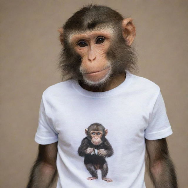 A monkey stylishly posing while wearing a t-shirt with the word 'NANDA' on it.