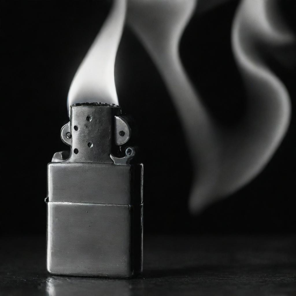 An atmospheric black and white image showcasing an open stylish Zippo lighter, a torrential flame gracefully dances, creating a dramatic contrast with the dark surroundings.