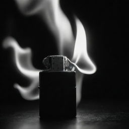 An atmospheric black and white image showcasing an open stylish Zippo lighter, a torrential flame gracefully dances, creating a dramatic contrast with the dark surroundings.