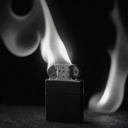 An atmospheric black and white image showcasing an open stylish Zippo lighter, a torrential flame gracefully dances, creating a dramatic contrast with the dark surroundings.