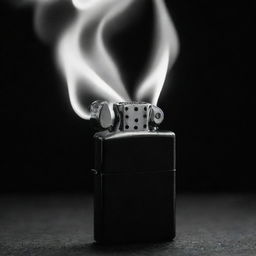 An atmospheric black and white image showcasing an open stylish Zippo lighter, a torrential flame gracefully dances, creating a dramatic contrast with the dark surroundings.