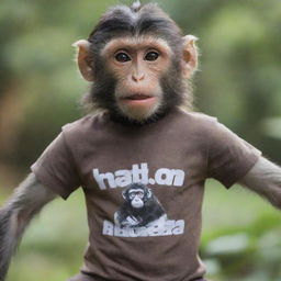 A monkey wearing a t-shirt with the word 'NANDA' printed on it, striking a charming pose