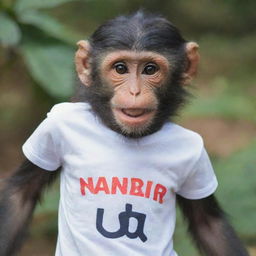 A monkey wearing a t-shirt with the word 'NANDA' printed on it, striking a charming pose