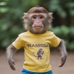 A monkey wearing a t-shirt with the word 'NANDA' printed on it, striking a charming pose