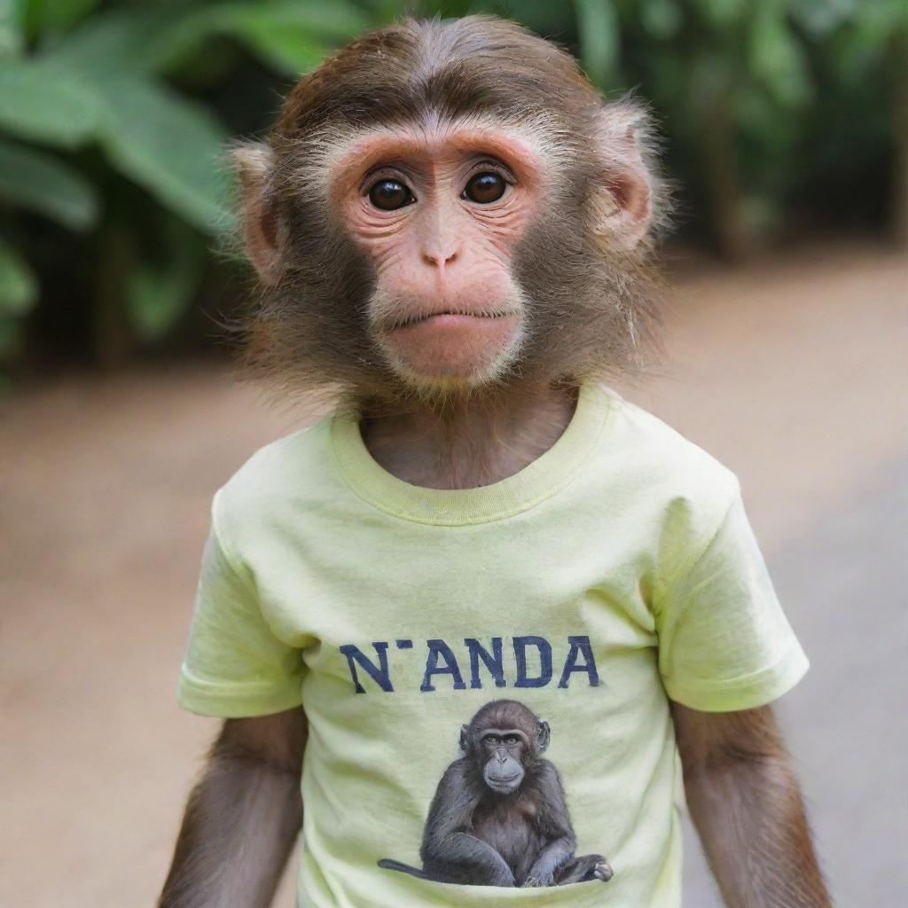 A monkey wearing a t-shirt with the word 'NANDA' printed on it, striking a charming pose