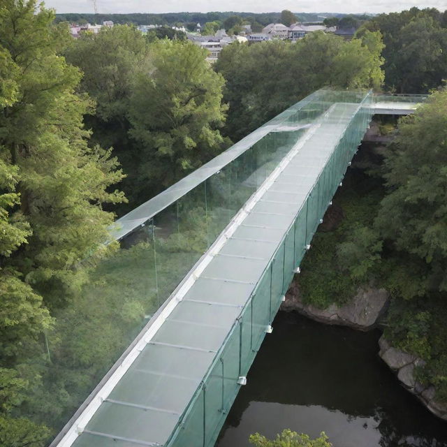 Design a covered glass bridge connecting two buildings. The bridge contains an anti-fog element in the glass and houses an electrical ramp. The area beneath the bridge is a lush green space.