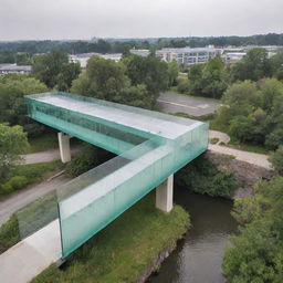 Design a covered glass bridge connecting two buildings. The bridge contains an anti-fog element in the glass and houses an electrical ramp. The area beneath the bridge is a lush green space.