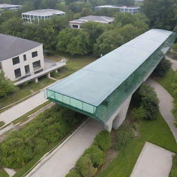 Design a covered glass bridge connecting two buildings. The bridge contains an anti-fog element in the glass and houses an electrical ramp. The area beneath the bridge is a lush green space.