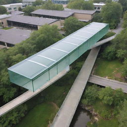 Design a covered glass bridge connecting two buildings. The bridge contains an anti-fog element in the glass and houses an electrical ramp. The area beneath the bridge is a lush green space.