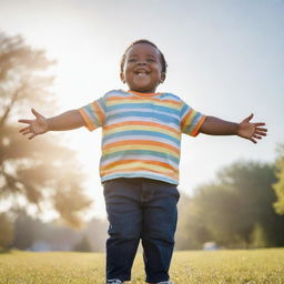 An image of a happy, big boy shining with positivity and radiating energy, full of life and joy, standing tall.