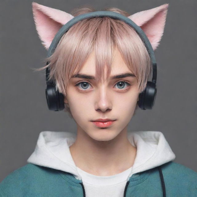 Anime style boy with cute cat ears and expressive eyes