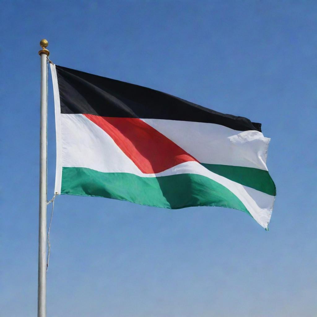 The national flag of Palestine unfurling in a gentle breeze beneath a serene, blue sky.