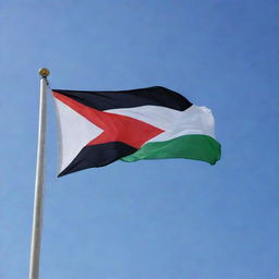 The national flag of Palestine unfurling in a gentle breeze beneath a serene, blue sky.