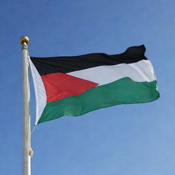 The national flag of Palestine unfurling in a gentle breeze beneath a serene, blue sky.