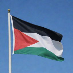 The national flag of Palestine unfurling in a gentle breeze beneath a serene, blue sky.