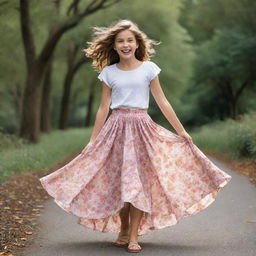 A young girl wearing a stylish, flowy skirt with a blissful expression, embodying youthful exuberance and carefree spirit.