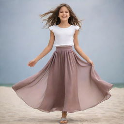 A young girl wearing a stylish, flowy skirt with a blissful expression, embodying youthful exuberance and carefree spirit.