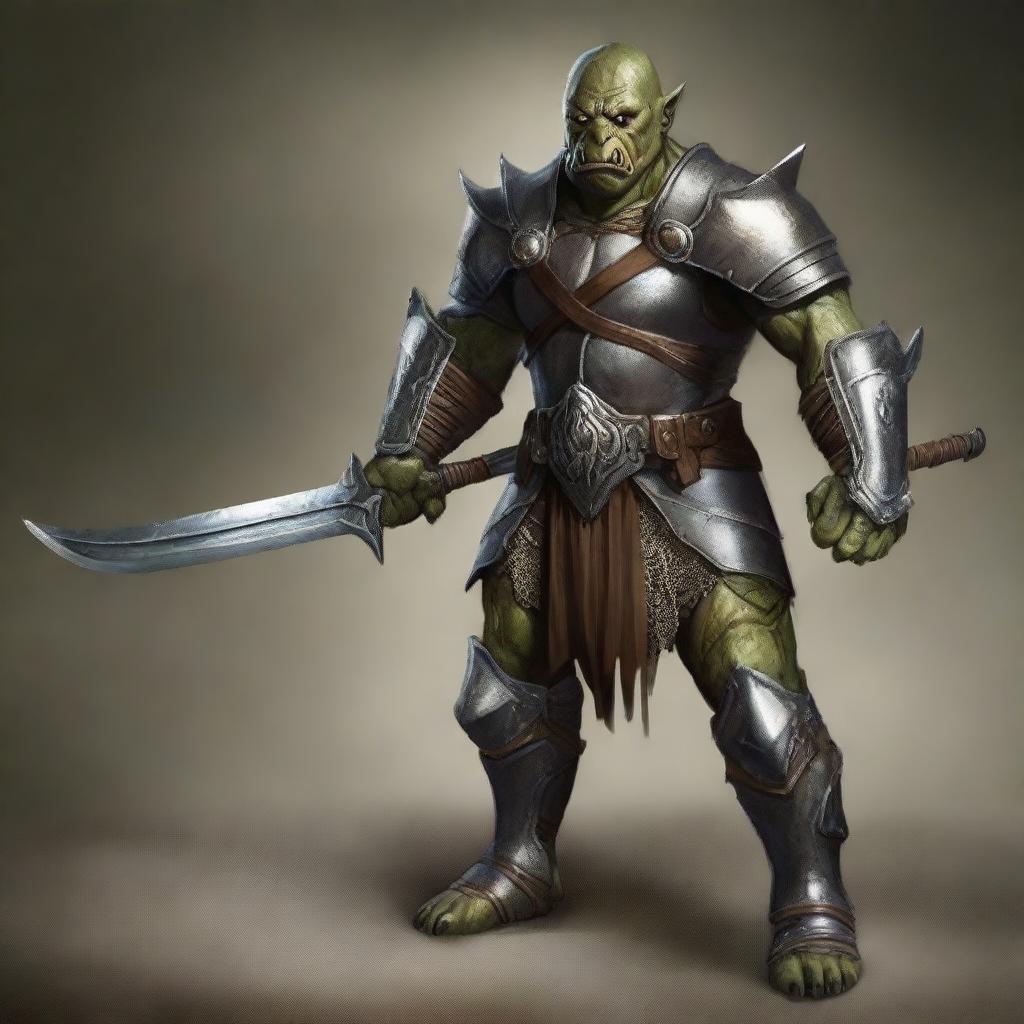 A digital art piece depicting a semi-orc character donned in metallic armor, standing in a battle-ready stance