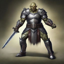 A digital art piece depicting a semi-orc character donned in metallic armor, standing in a battle-ready stance