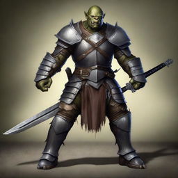 A digital art piece depicting a semi-orc character donned in metallic armor, standing in a battle-ready stance