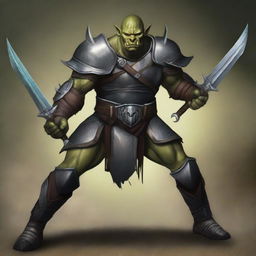 A digital art piece depicting a semi-orc character donned in metallic armor, standing in a battle-ready stance