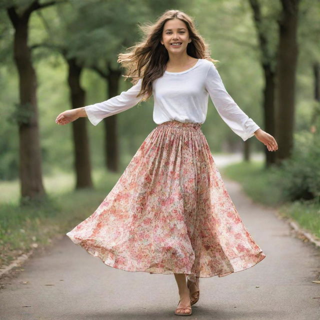 A young girl wearing a stylish, flowy skirt with a blissful expression, embodying youthful exuberance and carefree spirit.