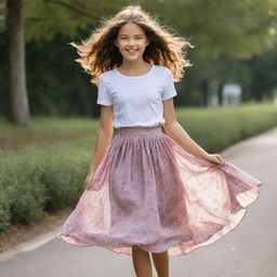 A young girl wearing a stylish, flowy skirt with a blissful expression, embodying youthful exuberance and carefree spirit.