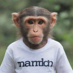 A monkey wearing makeup and a shirt with the word 'NANDA' written on it